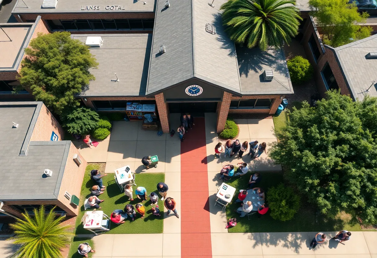 Aerial view of a school in Dallas with students and parents to symbolize school performance.